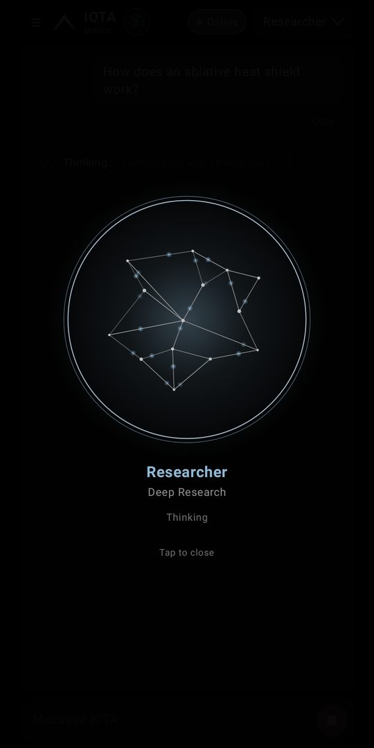 IOTA Mobile chat screen with the researcher personality active