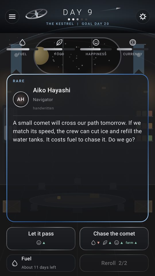 Iota Tales screenshot showing a story card with two choices